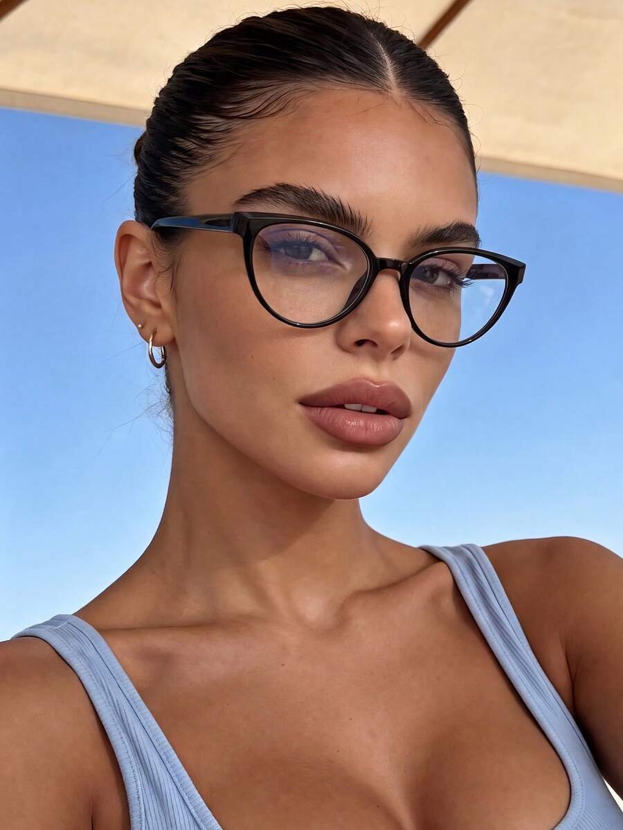 1 Pair Women's Cat Eye Black Minimalist Fashion Clear Lens Glasses, Suitable For Daily Use, Commuting, Photography, Holiday Gift - Black Flat - View 1