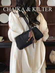 CHAIKA & KILTER 1件裝純色麂皮布料女款復古時尚啞光保齡球包，對比色絎縫縫線、雙手柄設計、拉鍊開合，適合日常與外出使用（附吊飾） - 黑色 - 查看 8