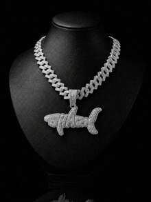 European & American Hip Hop Full Rhinestone SHARK Shark Letter Pendant Cuban Chain, Unisex Heavy Rhinestone Inlaid Thick Chain, American Rap Street Style Personalized Gold & Silver Dual Color Collarbone Accessory - Shark - View 1