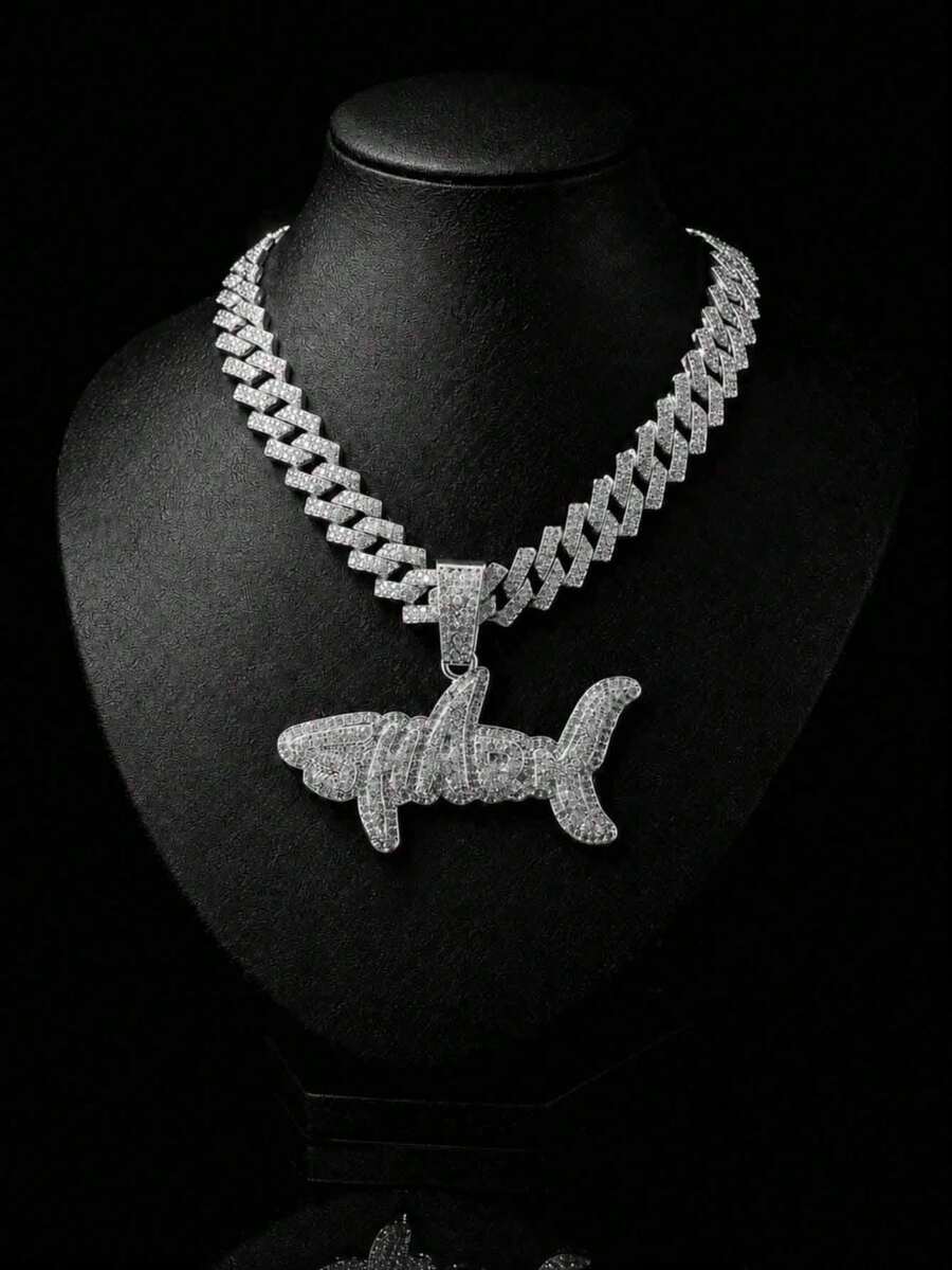European & American Hip Hop Full Rhinestone SHARK Shark Letter Pendant Cuban Chain, Unisex Heavy Rhinestone Inlaid Thick Chain, American Rap Street Style Personalized Gold & Silver Dual Color Collarbone Accessory - Shark - View 1