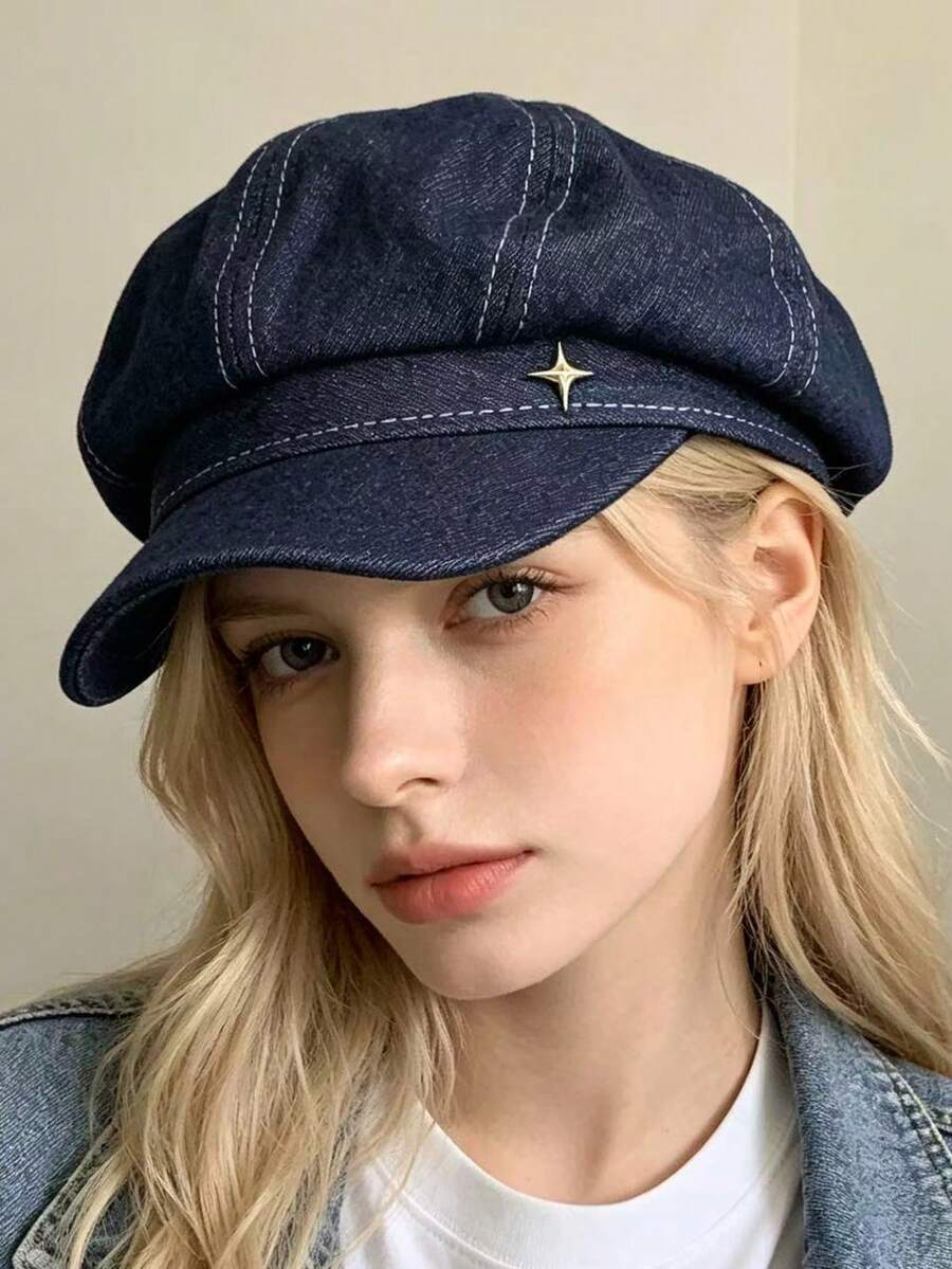 1 Pc Women's Newsboy Cap, Octagonal Hat, Four-Pointed Star Decoration, Casual Vintage Beret, Adjustable Head Circumference, Suitable All Seasons. - Multicolor - View 1
