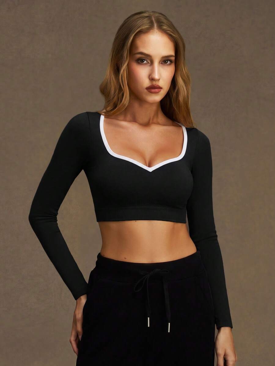 VVX Women Color Block Sweet Heart Neck Long Sleeve Gym T-Shirt Crop Tops Seamless Ribbed Workout Yoga Active Sports Top Casual Soft - Black - View 1