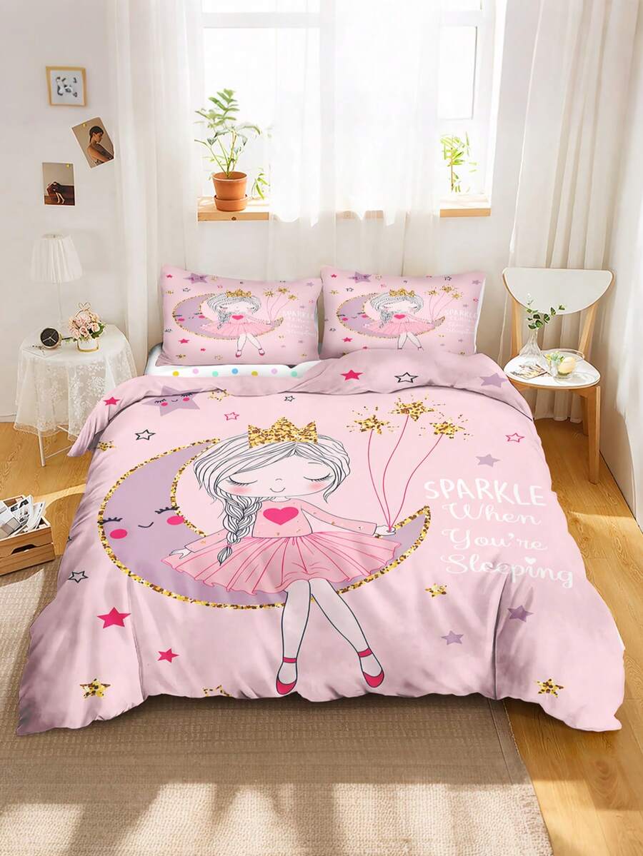 2/3PCS Cute Princess Girl On Moon Duvet Cover Set For Girls, Pink Star ...