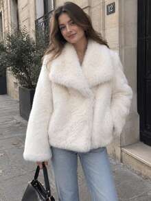 Faux Fur Fluffy Warm Long Sleeve Autumn/Winter Jacket - White - View 1