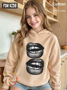 Autumn Winter Girls Fleece Hoodie With Black Lips Print On White, Long Sleeve Y2K - Apricot - View 1