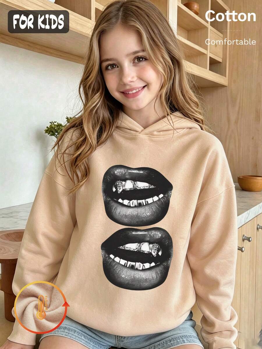 Autumn Winter Girls Fleece Hoodie With Black Lips Print On White, Long Sleeve Y2K - Apricot - View 1