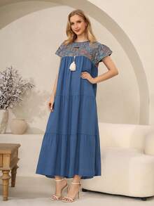ASBB Shrot Sleeve Loose Fit Round Neck For Women,Woven Embroider Elegant Modest Abaya Long Dress, Suitable For Fall, Holiday And Daily Wear - Blue - View 11