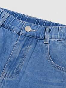 Girls' Denim Jeans With Butterfly Pink & White Gradient Embroidery, High Street INS Style Blue Straight Leg Long Pants, Autumn/Winter Fashion Outfit - Medium Wash - View 4