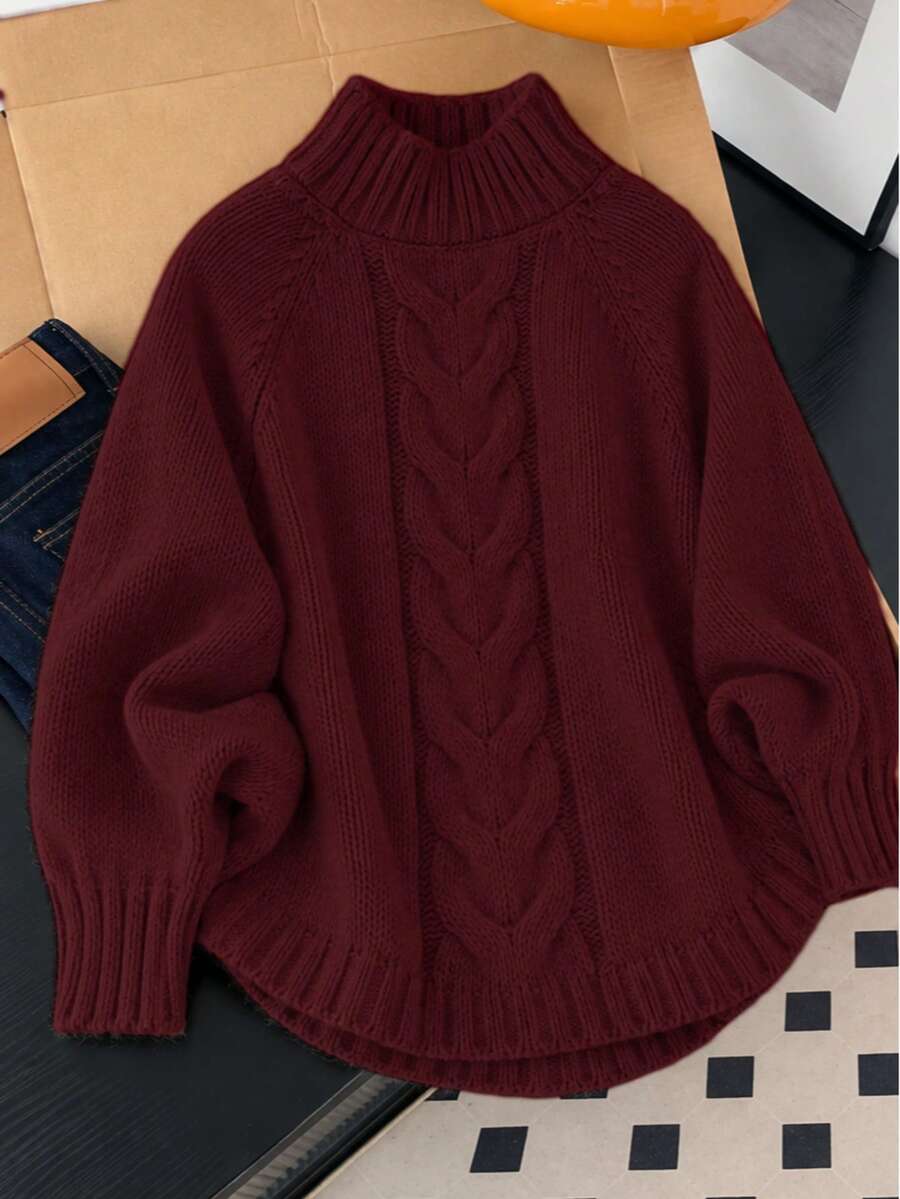 Plus Size High Neck Cable Knit Sweater, Raglan Long Sleeve Loose Solid Pullover - Burgundy - View 1