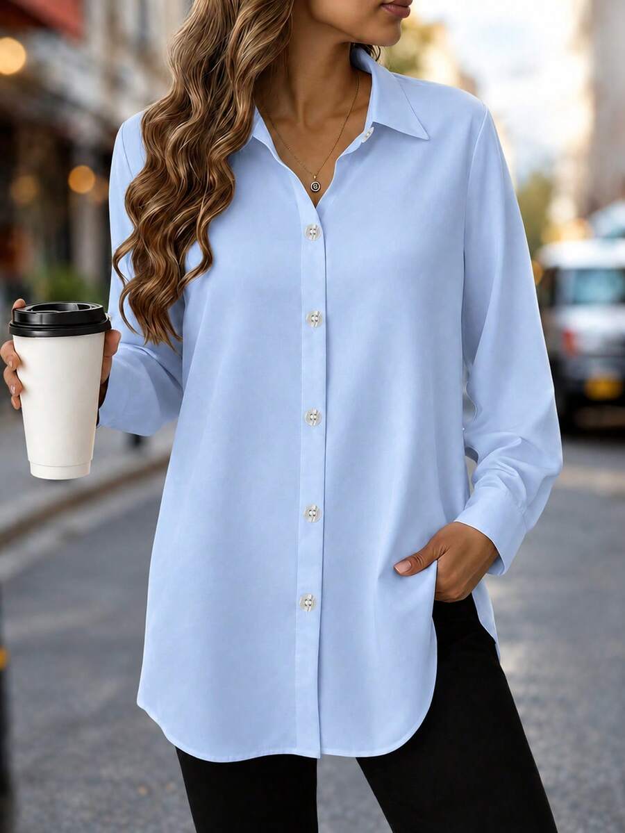 Fashion Women's New Arrival All-Season Casual Comfortable Mid-Length Button-Up Shirt - Light Blue - View 1