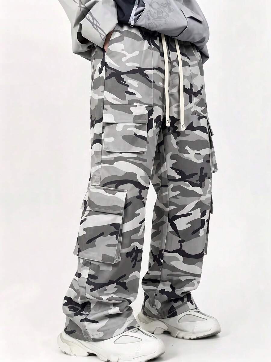 1pc Men's Casual Sports Cargo Pants, Loose Straight Fit, Wrinkled Texture, Suitable For Home And Outdoor Activities, Also Can Be A Gift For Couples. Made Of 100% Polyester Fiber, Equipped With Drawstring Waistband For Easy Adjustment - Light Grey - View 1