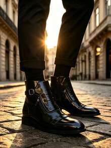 New Men's Ankle Boots With Buckle And Side Zipper, British Style Leather Boots, Versatile Boots For Party And Dating - Black - View 7