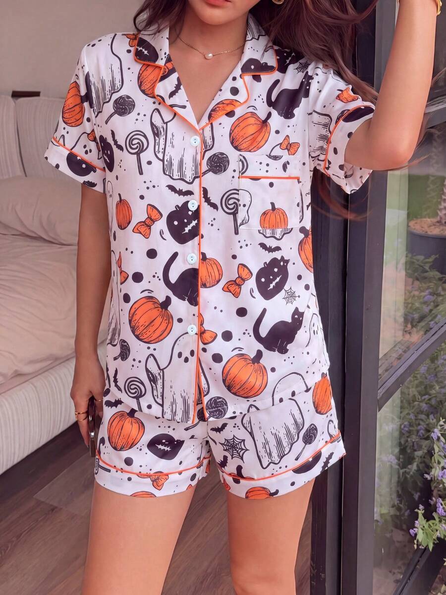 Conjunto de pijama de 2 piezas para mujer con estampado de Halloween pintado a mano estilo vintage, manga corta, top tipo cárdigan con cuello y shorts, nuevo para verano, suave, amigable con la piel, transpirable y ligero, ropa de casa que también se puede usar fuera, corte holgado casual, favorecedor para todo tipo de Body, disponible en varias tallas, estilo dulce y juvenil, versátil y atemporal, conjunto esencial de ropa de dormir cómoda para mujer, equilibrio entre moda y comodidad, adecuado para diversos escenarios del hogar - Blanco - Ver 1