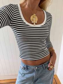 Women's Striped Knit Long Sleeve Loose Fit T-Shirt - Black - View 3