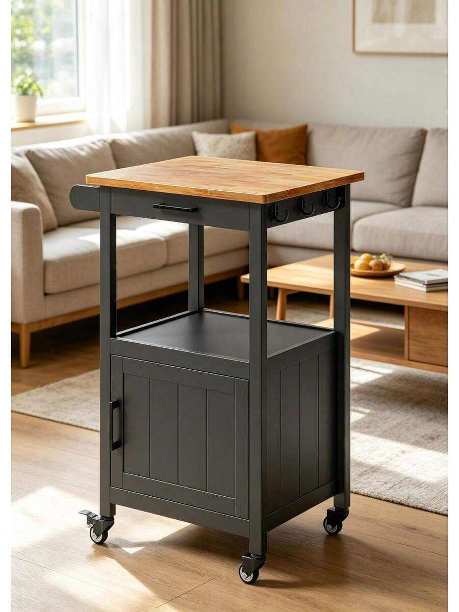 Carrito de Cocina Negro con Encimera de Madera, Ruedas, 1 Cajón, Armario con Puerta, Estante, Ganchos Laterales, para Espacios Pequeños - Negro - Ver 1