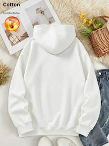 Women's Pure Cotton Hoodie, Autumn/Winter Warm Lining Long Sleeve Loose Fit, Floral Butterfly Print, Drawstring Design - White - View 4