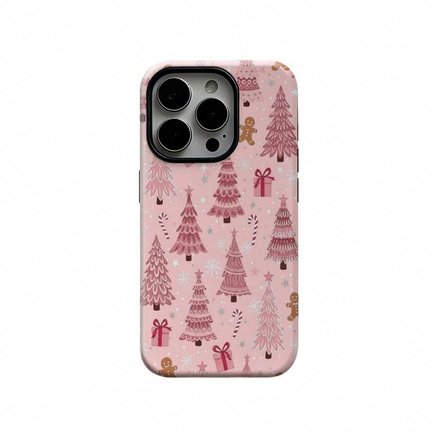 Pink Christmas Phone Case Retro Christmas Tree Snow Candy Cane Girly Gifts Compatible With IPhone 17 16 15 14 Pro Max Plus 13 12 11 - Pink - View 1