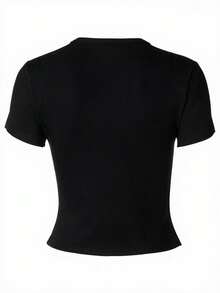Women's Casual Button Short Sleeve Knit Top For Spring/Summer Streetwear - Black - View 6