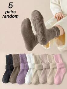 5 Pairs Random Style Women's Mid-Calf Socks, Thick Thermal Lined Warm Knit Socks, Autumn/Winter Christmas Holiday Gift - Multicolor - View 10