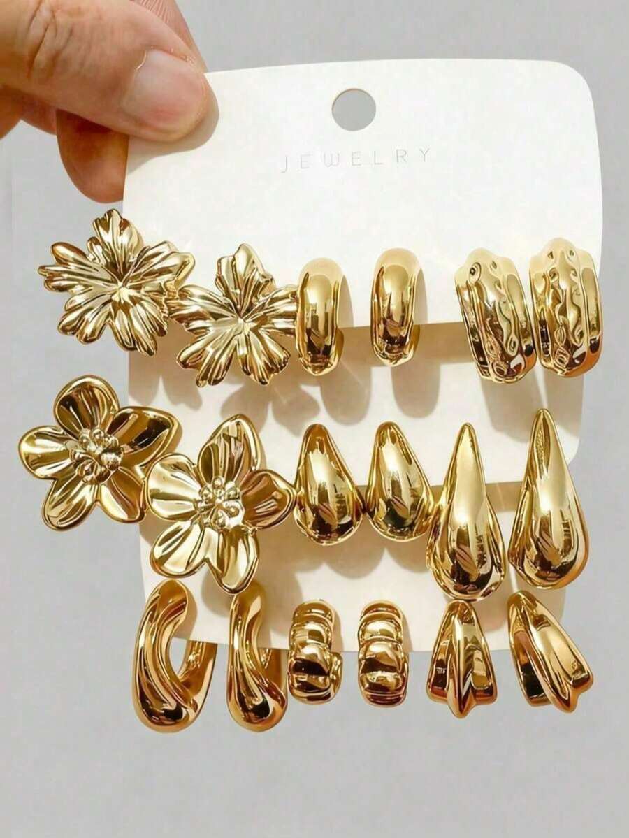 6-18pcs Gold-Tone Fashion Earrings Set, Stylish & Elegant, Suitable For Daily, Party, And Event Wear - Gold - View 1