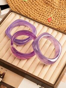 3pcs/Set Tie Dye Green Resin Bangles, Asymmetrical Geometric Design, Women's Hand Jewelry, All-Season Versatile - Bracelet - View 4