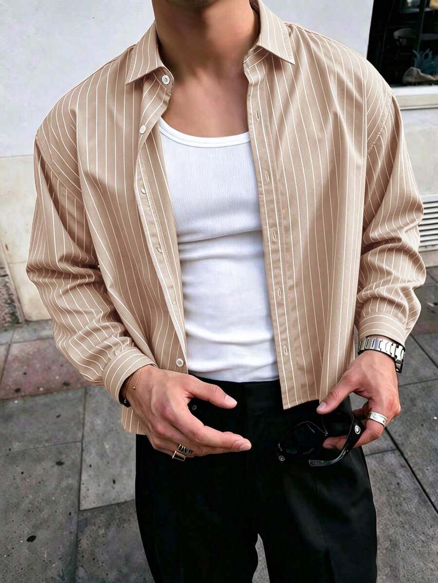 Men's Single-Breasted Casual/Commute Striped Short Sleeve Shirt - Apricot - View 1