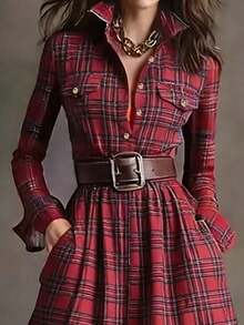 Women's Autumn/Winter Fashion Multi-Color Plaid Vintage Long Dress - Red - View 3