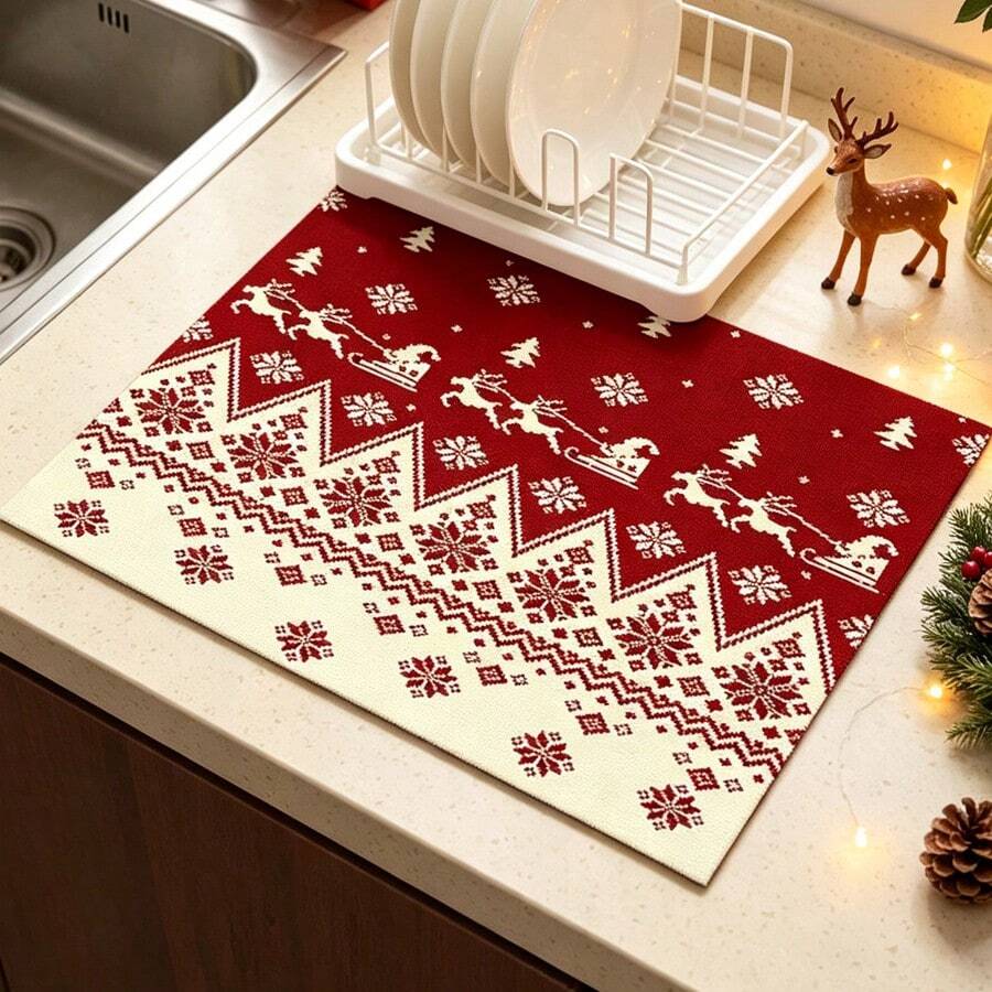 1pc Dish Drying Mat, Coffee Machine Mat, Christmas Reindeer Sleigh Pattern Dish Drying Mat, Kitchen Dish Drainer Mat, Protect Tabletop, Suitable For Home Kitchen, Christmas Holiday Atmosphere Decor Mat, Multi-Purpose Drying Mat, Home Gift, Tabletop Decoration