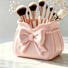 1pc 3D Printed Pink Bow Makeup Brush Storage Bucket, Cosmetic Beauty Product Storage Box, Multifunctional Desktop Pen Holder, Makeup Bag Shaped Beauty Display Stand, Dressing Table Makeup Tool Storage Box, Bathr - Pink - View 5