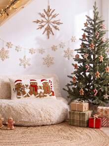 1pc Christmas Pillow Cover With Festive Tree, Snowman, Gingerbread Man Or Winter Village Design, Seasonal Decorative Throw Cushion Case For Sofa, Bedroom And Living Room Holiday Home Decor, Pillow Insert Not Included - Multicolor - View 7