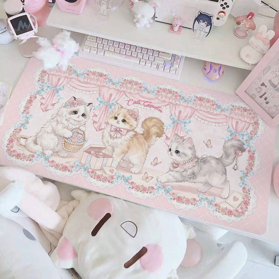 Cute Pink Cat Garden PU Leather Desk Mat, Sweet Kitten Rose Bow Print Large Mouse Pad, Waterproof Non-Slip Table Protector, Kawaii Aesthetic Keyboard Pad For Girls Gaming Study Decor - View 1