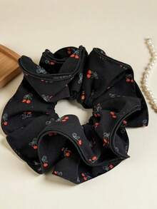 1pc New Korean Style Cherry Print Scrunchie Hair Tie For Women, High-End Hair Accessory For Bun And Low Ponytail - Multicolor - View 1