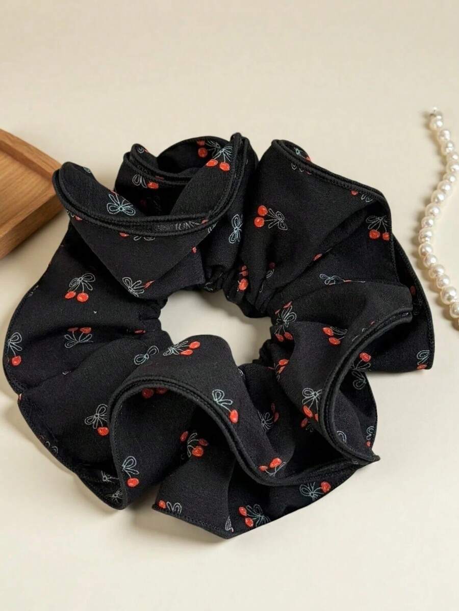 1pc New Korean Style Cherry Print Scrunchie Hair Tie For Women, High-End Hair Accessory For Bun And Low Ponytail - Multicolor - View 1