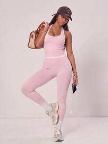 PinkTip Women's Halter Neck Colorblock Yoga Set, High Waist Tight Leggings & Sports Tank Top 2 Pieces Set - Pink - View 3