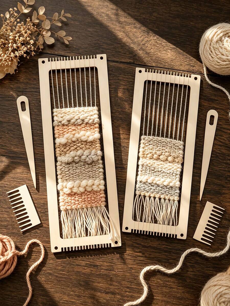 Set Alat Tenun Persegi Panjang Kayu dengan Kait Rajut dan Jarum Kayu, Sisir Multifungsi, Hadiah Rajutan Buatan Tangan, Hadiah Liburan untuk Natal, Tahun Baru, Thanksgiving, Halloween, Hadiah Kunci Pas, Dekorasi Rumah, Cocok untuk Kerajinan Tangan - A - View 1