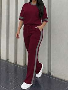 Plus Size Women's Casual Matching Contrast Color Round Neck Short Sleeve Top And High Waist Drawstring Straight Leg Pants 2 Pieces Set Elegant Summer - Burgundy + Gray - View 6