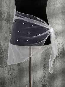 1pc Pearl Beaded Tulle Bow Shawl, Detachable Sheer Mesh Bridal Shoulder Wrap Accessory - Multicolor - View 6