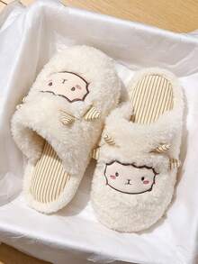 Women's Cute Cartoon Sheep Animal Indoor Slippers, Flat Soft Warm Plush House Shoes For Autumn/Winter - White - View 6