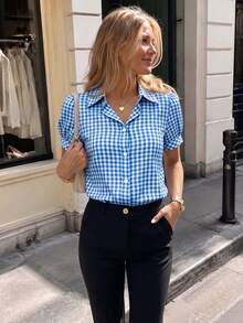 Women's Short Sleeve Plaid Shirt, Casual Business Collar Top, Suitable For Office, Work, Home, Daily Wear, Spring, Autumn, Summer - Blue - View 1