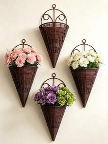 6pcs/4pcs Creative Simulation Fan Hanging Vase Flower Basket Triangle Wall Art Rattan Woven Wall Hanging Flower Device Indoor Decoration Hanging Basket Flower Pot Holder - Flower Basket - View 8