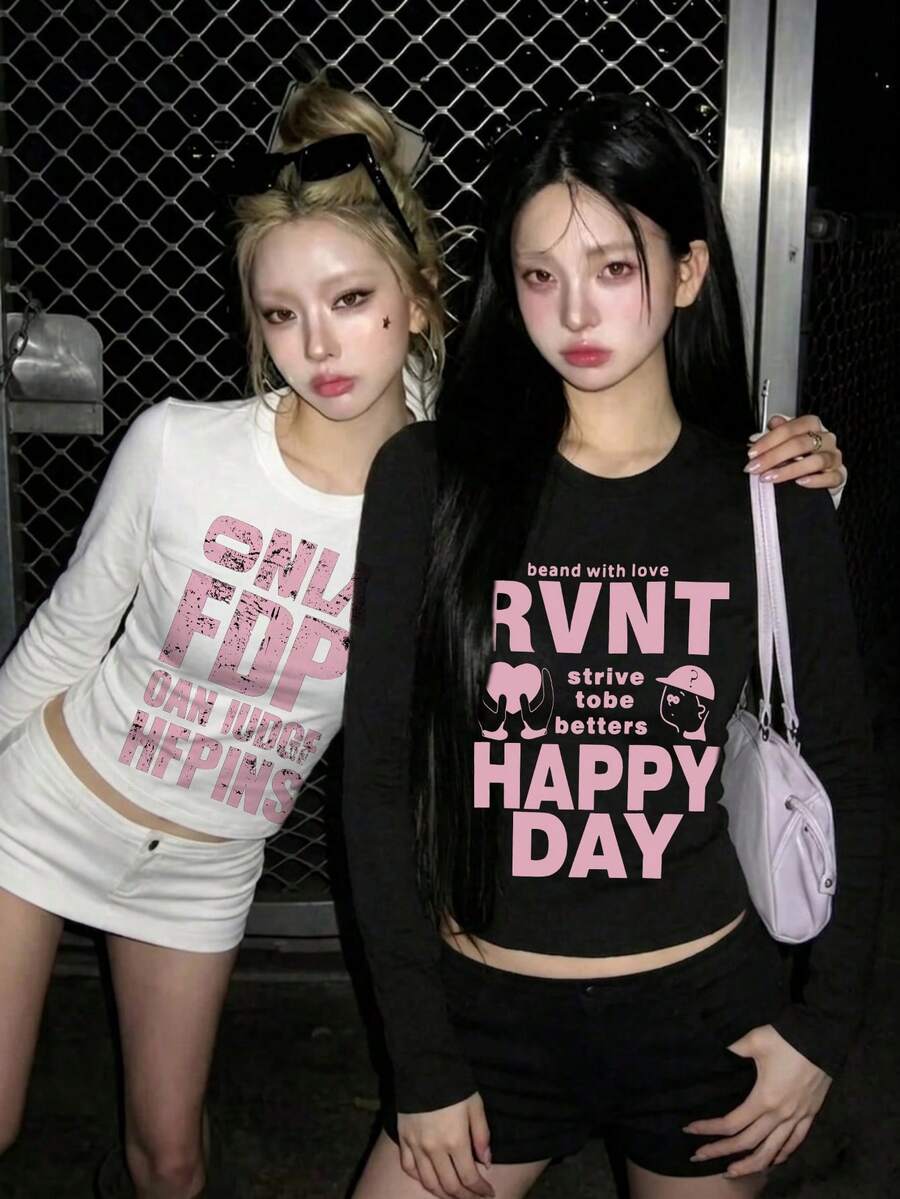 2pcs Women's Round Neck Long Sleeve T-Shirts, Y2K Generation Spring/Autumn New Style, English Print Design Fashion Casual Versatile Slim Fit Top - Black and White - View 1