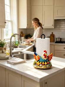Farmhouse Rooster & Chick Paper Towel Holder, Colorful Metal Freestanding Desktop Paper Towel Dispenser, Sturdy Iron Base, Country Style Kitchen Countertop Decor, Home Storage & Organization Gift, Suitable For Farm Enthusiasts, Applicable For Restaurant Dining Table - Multicolor - View 7