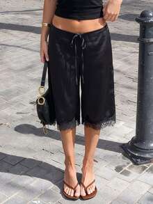 NOIRLYN Women's Winter Elegant Casual Satin Lace Trim Shorts, High Waist Flowy Loose Wide Leg Straight Drawstring Y2K Mid-Length Separates - Black - View 1