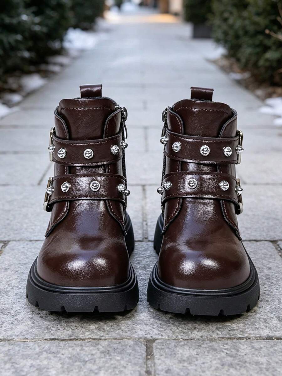 1 Pair Girls' Motorcycle Boots, Soft PU + Shiny Rhinestone Studs Decor, Round Toe Elastic Soft Sole With Inner Zipper Design, Sweet & Cool Princess Boots, Suitable For Students' Daily Campus & Outdoor Wear, Autumn/Winter New Style