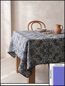 1pc Grey-Blue Base Black Vintage Damask Floral Pattern Tablecloth, Retro Classic Style Fabric Material, Rectangular Black Wavy Jagged Edge Detail, Stain-Resistant Protection For Tabletop And Decorative Enhancement, Suitable For Daily Home And Retro Classic Style Restaurant Decor - Black - View 20