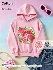 Kids Casual Long Sleeve Strawberry Flower Letter Graphic Hoodie With Drawstring, Drop Shoulder Pullover Sweatshirt For Fall Streetwear - Pink - View 1