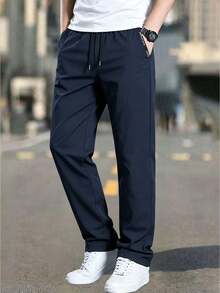 Men's Autumn/Winter Minimalist Commuter Sweatpants, Loose Fit Drawstring Zipper Pocket Long Pants, Office Running Home Travel Daily Fitness Sports Pants - Navy Blue - View 5