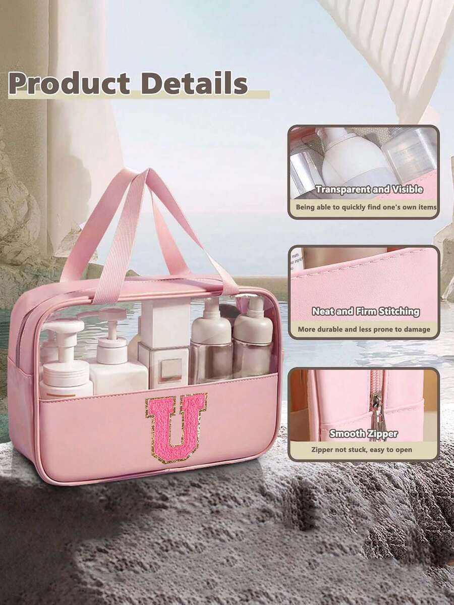 1pc Pink PU Leather Transparent Toiletry Bag, Portable Chenille Letter Storage Bag With Embroidered Letters, Makeup Bag, Wash Bag, Travel Bag, Bathroom Accessory, Suitable For Home, Outdoor, Daily Use.