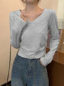 女款多功能V領純色長袖打底層T恤上衣，秋冬款 - 中灰色 - 查看 9