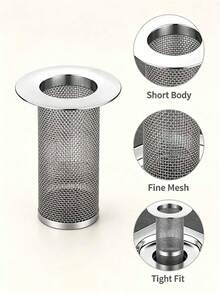 1pc Short Stainless Steel Floor Drain Filter, Cylindrical Mesh Design To Trap Hair And Debris, Prevent Clogging, Wide Flange Cover For Easy Removal And Cleaning, Fine Mesh For Smooth Drainage, Universal For Kitchen And Bathroom Sinks, Drain Clog Prevention Filter, Kitchen And Bathroom Pipe Debris Collector - Multicolor - View 3